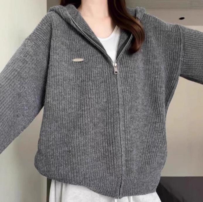 

Стильный корейский вязаный кардиган с капюшоном - Женский осенне-зимний свободный свитер на молнии One Size 80-120 серый