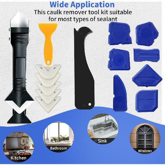 Caulking Tool Kit,Caulk Remover Tool,3 In 1Silicone Caulking Tool Kit, Grout Scraper, Reuse and Replace 5 Silicone Pads, Bathroom, Kitchen, Floor,