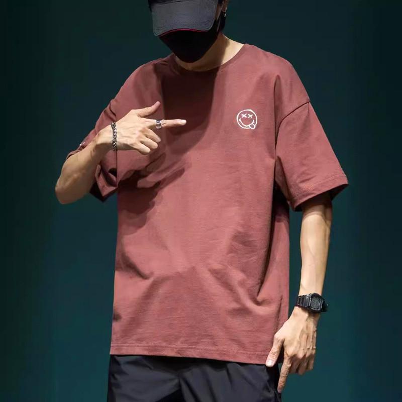 Men's 2024 Summer Plus Size Smiley Face Embroidery Short Sleeve Casual Cotton T-Shirt