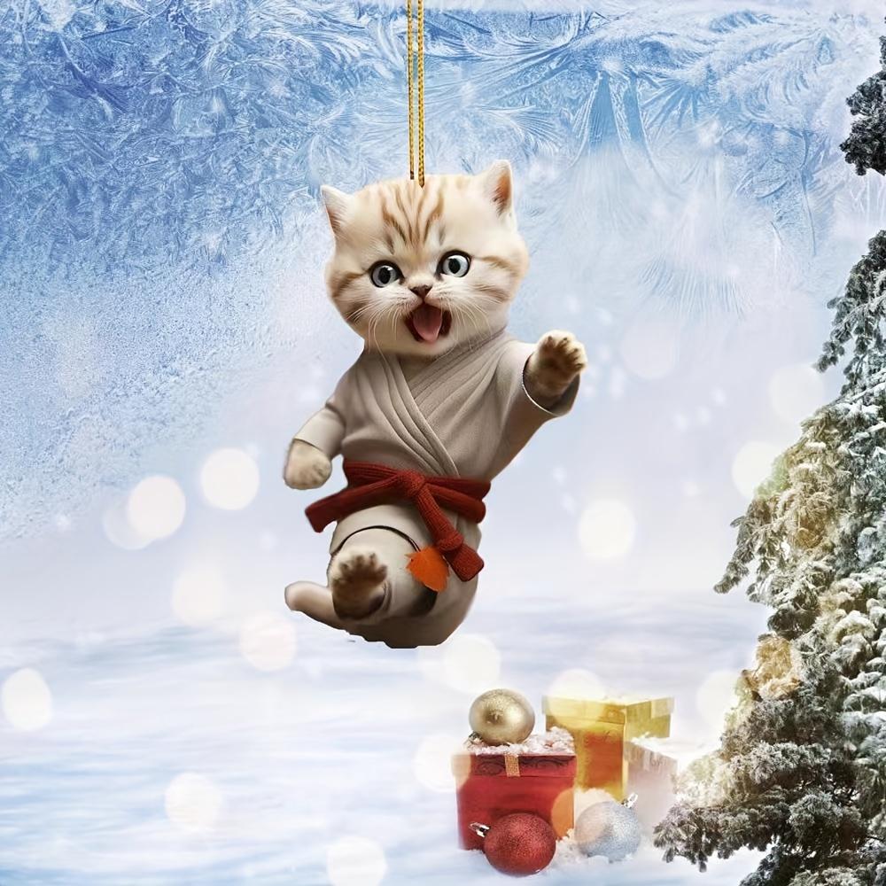 New Christmas Creative Kung Fu Cat Ornaments, Holiday Home Decor Acrylic Flat Pendant For Car Hanging, Christmas Tree Decoration