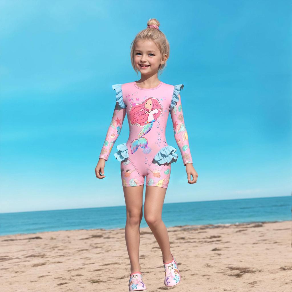 Costume da bagno intero a maniche lunghe con volant per bambina, con slip, certificato CPC per bambini