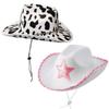 Pink Star White Cowgirl Hat Sequin Trim Fringe Cow Girl Hat Adjustable Cowboy Hat Neck Draw String Costume Party Play Dress-Up