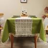 Mantel de Algodón Lino Patchwork Encaje Ganchillo Calado Francés Cuadros Mantel para Mesa de Té Decorativo Borla Verde Cubierta de Mesa
