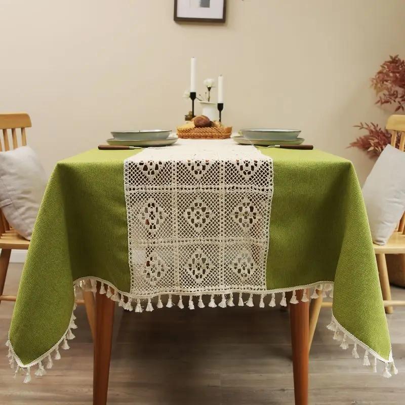 Mantel de Algodón Lino Patchwork Encaje Ganchillo Calado Francés Cuadros Mantel para Mesa de Té Decorativo Borla Verde Cubierta de Mesa
