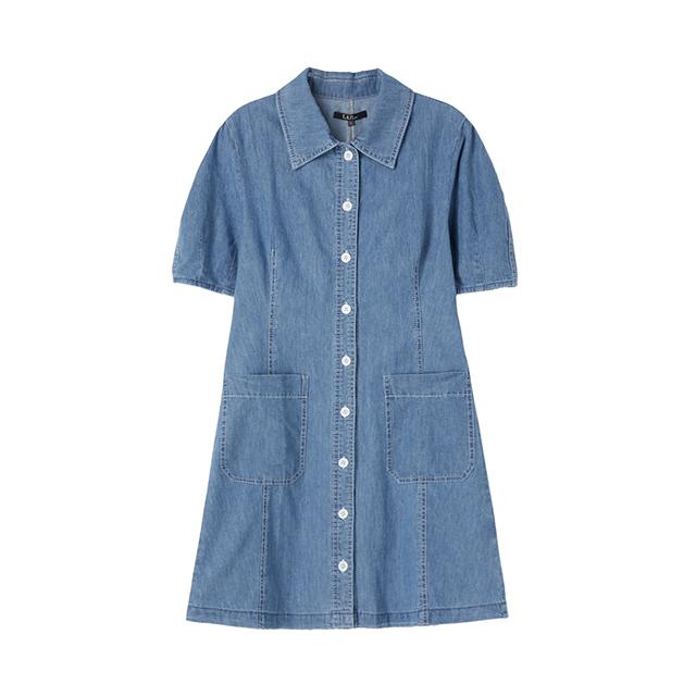 LAP Puff Sleeve Slim Dirty Denim Dress Ar2Do562
