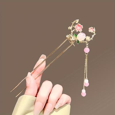 1 Stück Elegante Pfirsichblüten Quaste Haarnadel Vintage Chinesischer Stil Haarstab für Frauen Legierung Floral Haarstyling Frisur Accessoire