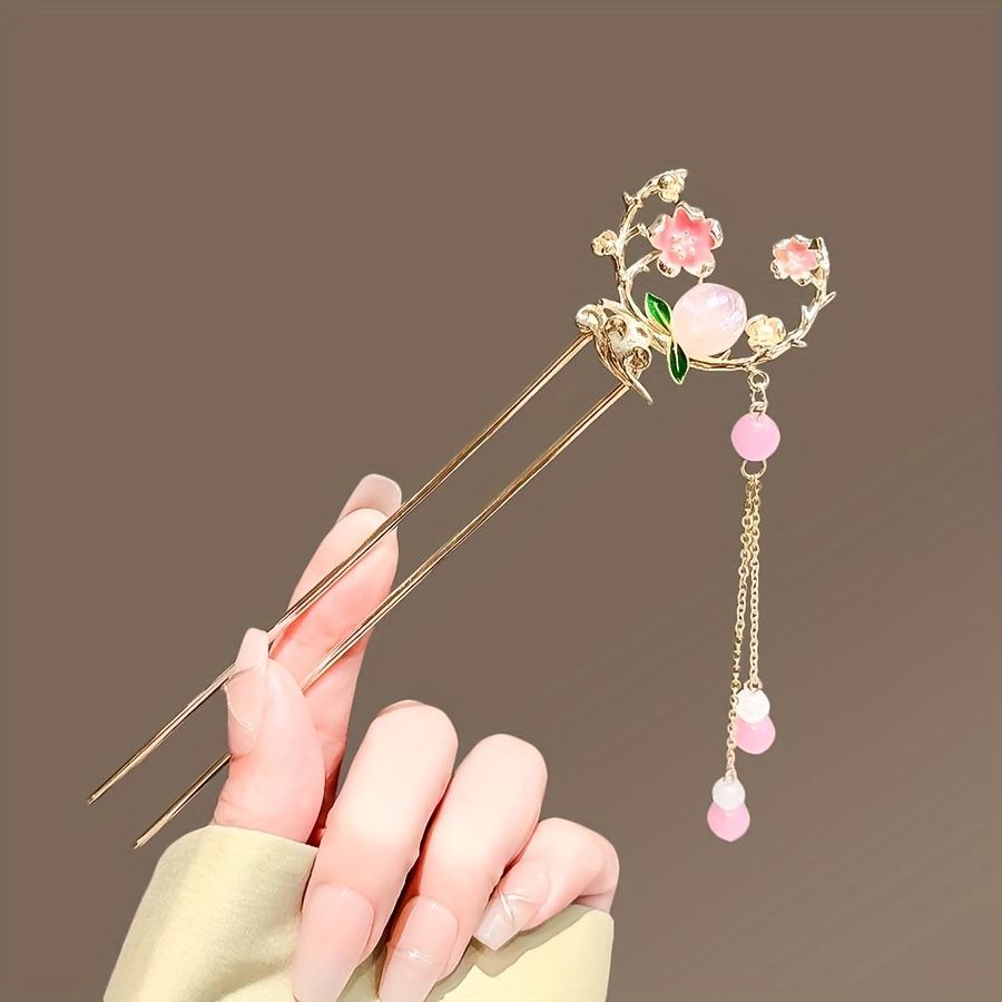 1pc Elegant Peach Blossom Tassel Hairpin Vintage Chinese Style Hair Stick for Women Alloy Floral Hairstyling Hairstyle Accessory