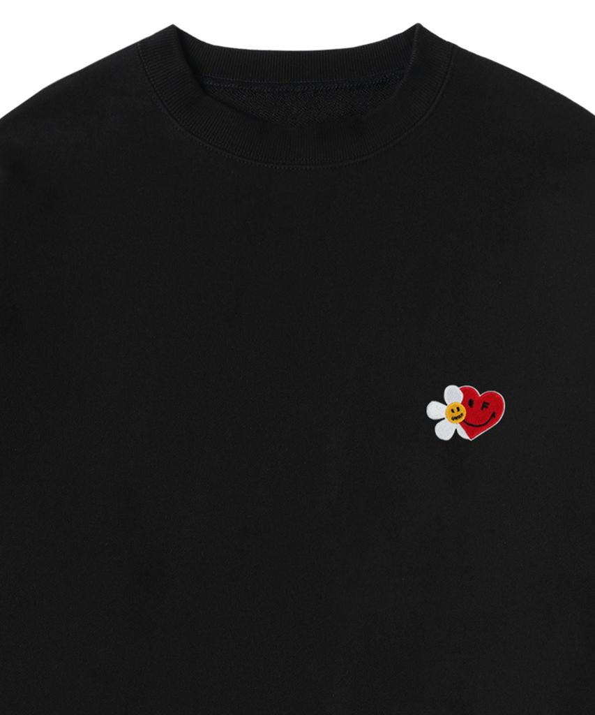 GRAVER [Unisex] Flower Heart Half Smile Embroidered Sweatshirt_Black