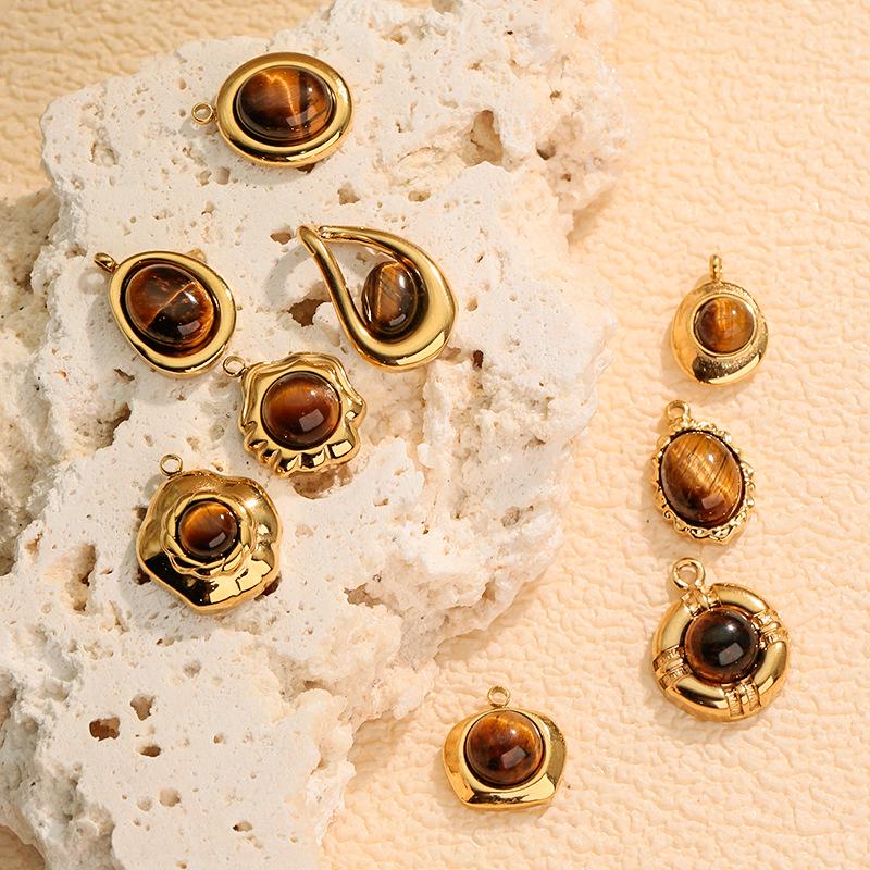 Irregular 3D Tiger's Eye 18K Gold Plated Stainless Steel Pendant Necklace.