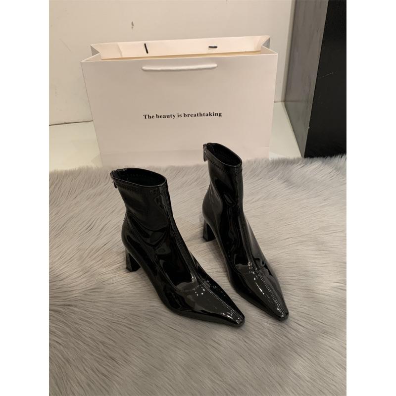High-heeled short boots women's 2025 new autumn and winter design sense niche pointed thin boots patent leather thick-heeled boots leather shoes