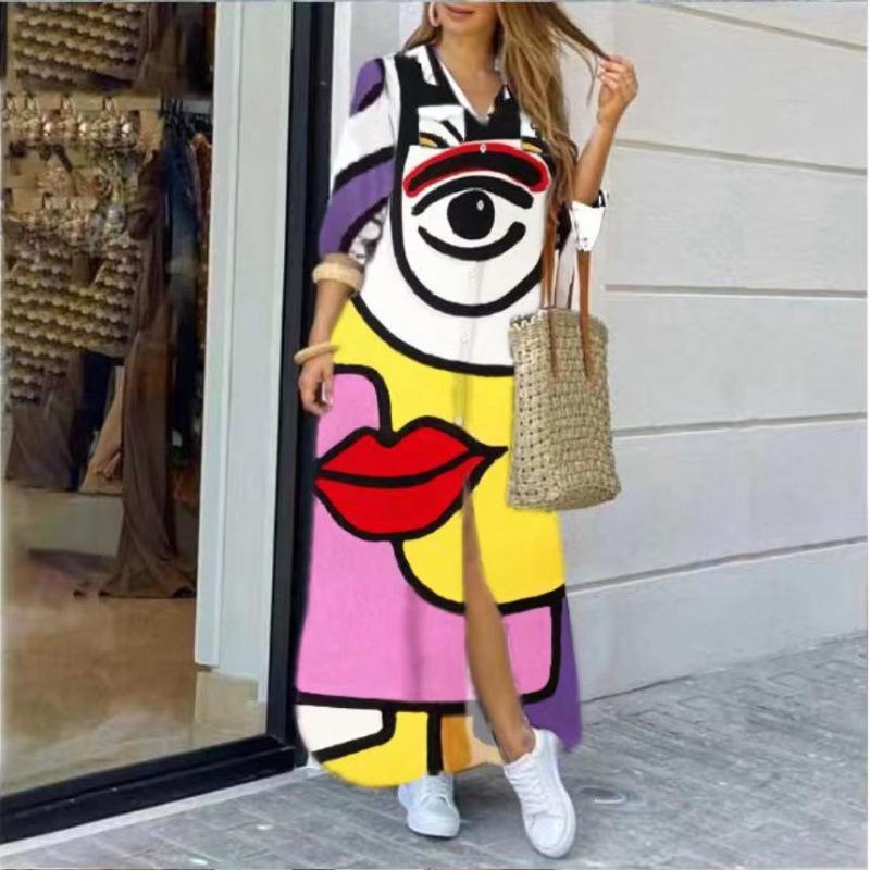 Fashion Long Sleeve Print Women Loose Fit Casual Maxi Dress