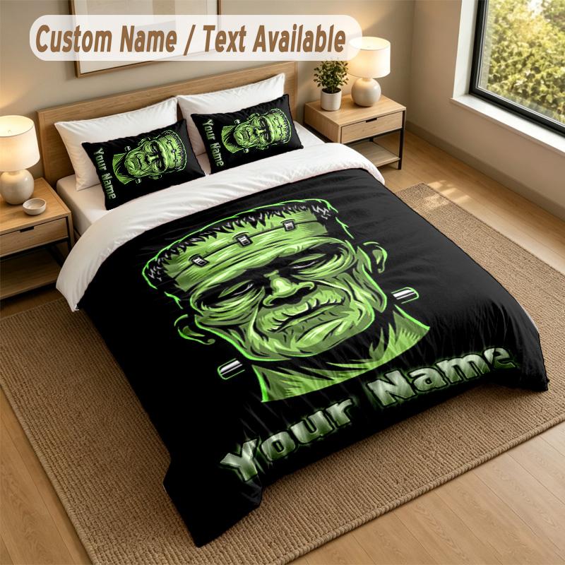 3Pcs Bedding Set Custom Name Text, 1 Sheet 2 Pillowcases Home Bed DecorFrankenstein's Monster