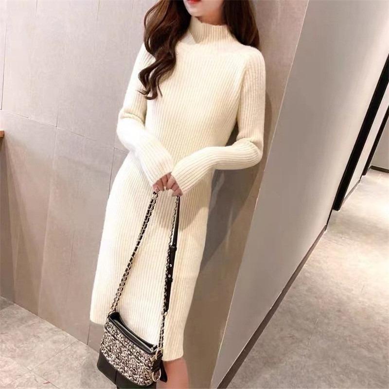 

Вязаное платье женское облегающее осенний сезон новое к средней длины и длинное внутреннее выше колена базовое платье-свитер one size fits all белый