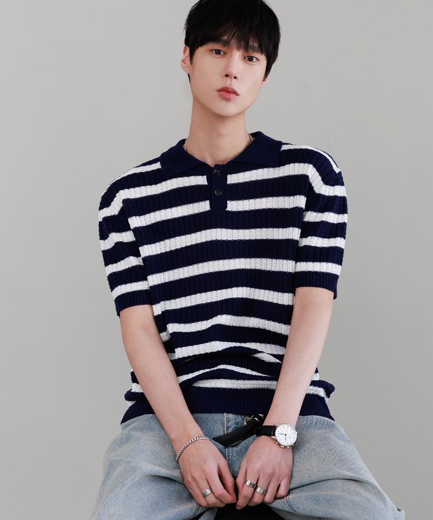 NODU Waffle Stripe Collar Crop Half Knit [Navy]