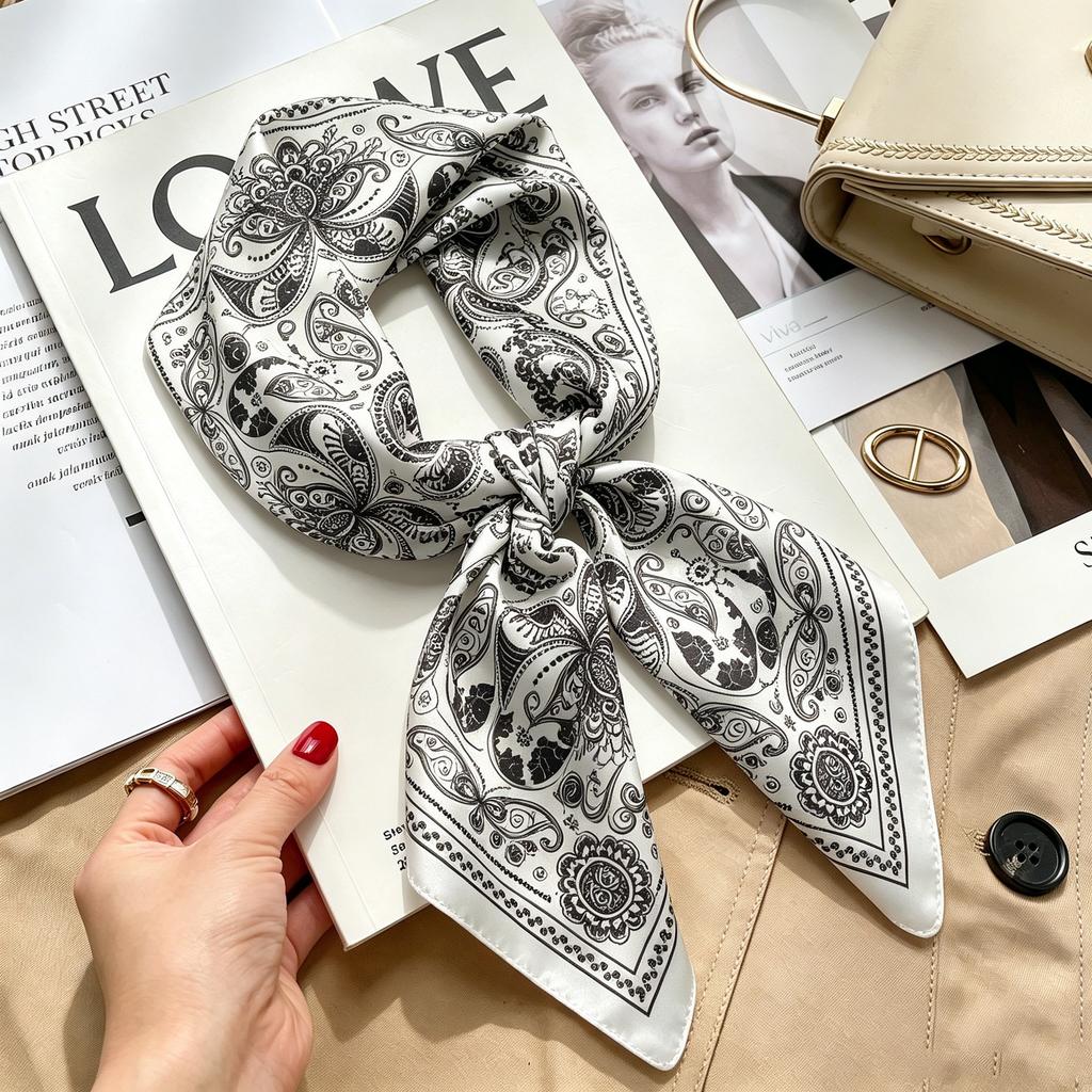 Commuter elegant flower silk scarf women's contrasting color retro printing satin scarf shirt with multi-purpose decorative small scarf