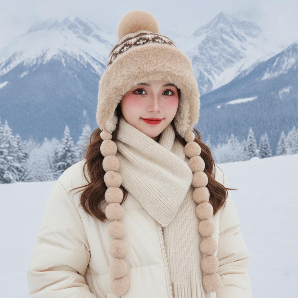 Striped Knit Pompom Braids Hat Fur Brim Fur Trim Trapper Fleece Knit Beanie  Ladies