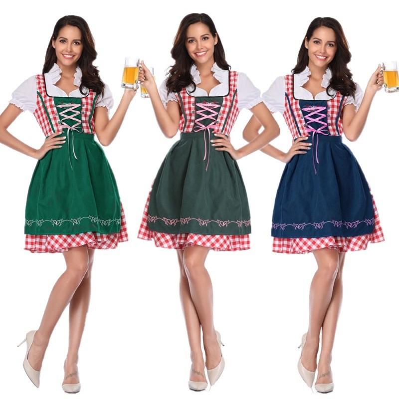 Elegant Bavarian Beer Festival Dress For Women In Vibrant Green And Blue Colors
