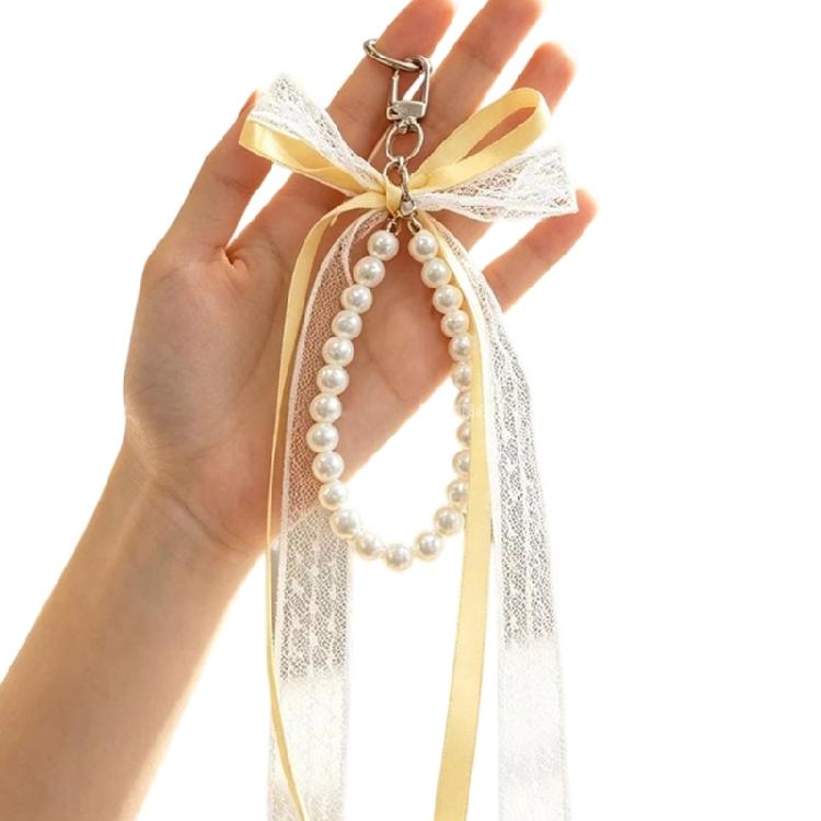 Decorative Zipper Pull Keychain Charm with Ribbon Accent, Lace Ribbon Tails, Beaded Drop and Clasp for Daily Bags