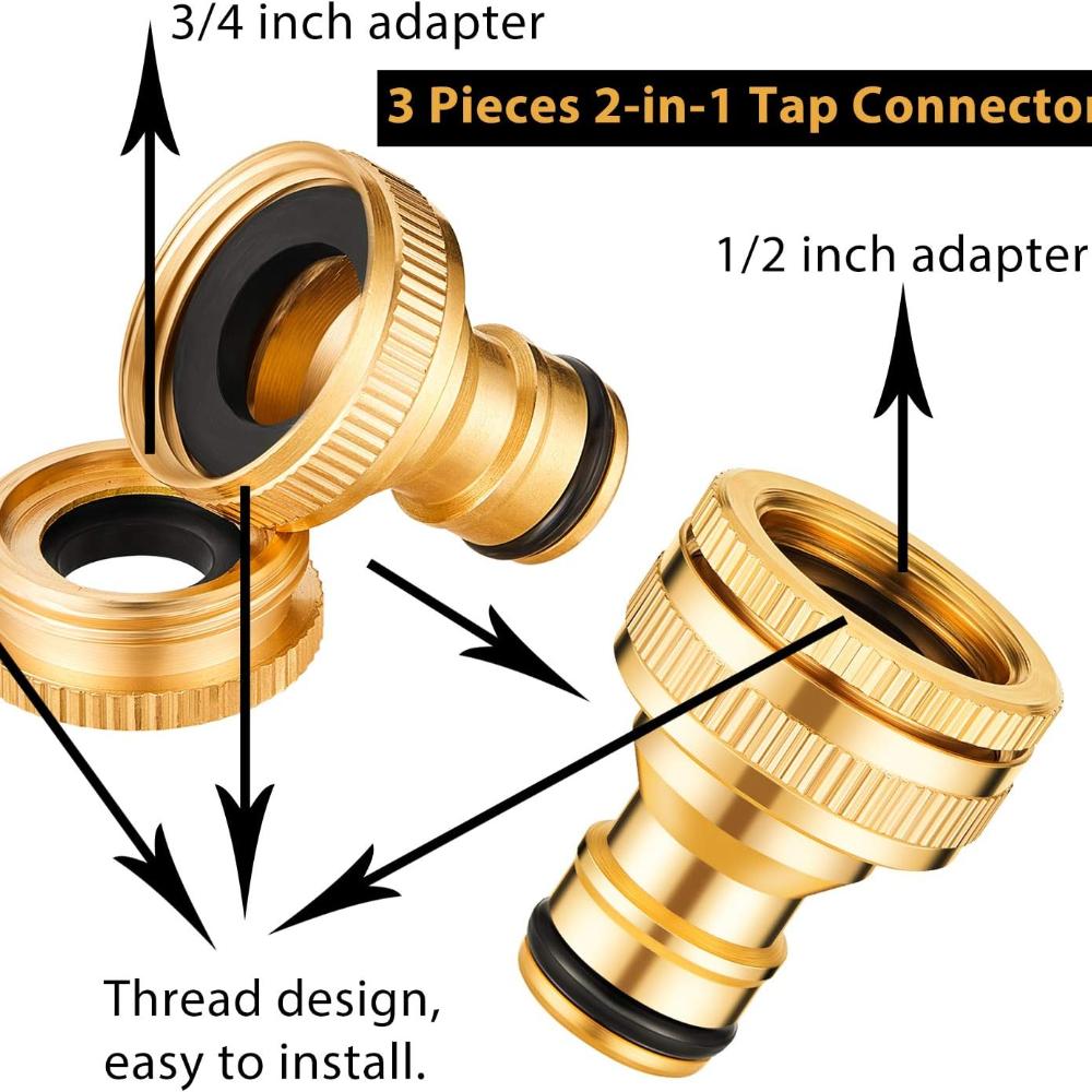 6-Piece Brass Hose Faucet Connectors - 1/2" and 3/4" 2-in-1 Faucet Adapters with Seals and Washers
