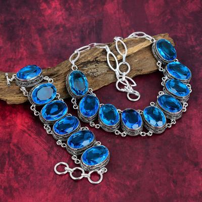 Gioielli con Pietra Preziosa Topazio Azzurro, Gioielli Fatti a Mano in Argento Sterling Massiccio 925, Set di Gioielli Unico Bracciale e Collana da Donna