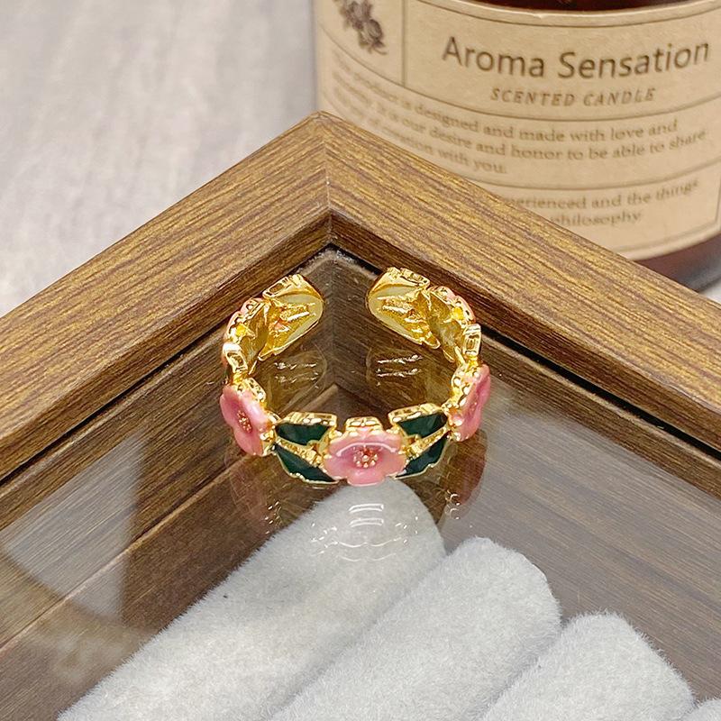 Medieval Vintage Colored Enamel Flower Butterfly Opening Ring Female Retro Niche High-End Light Luxury Ring