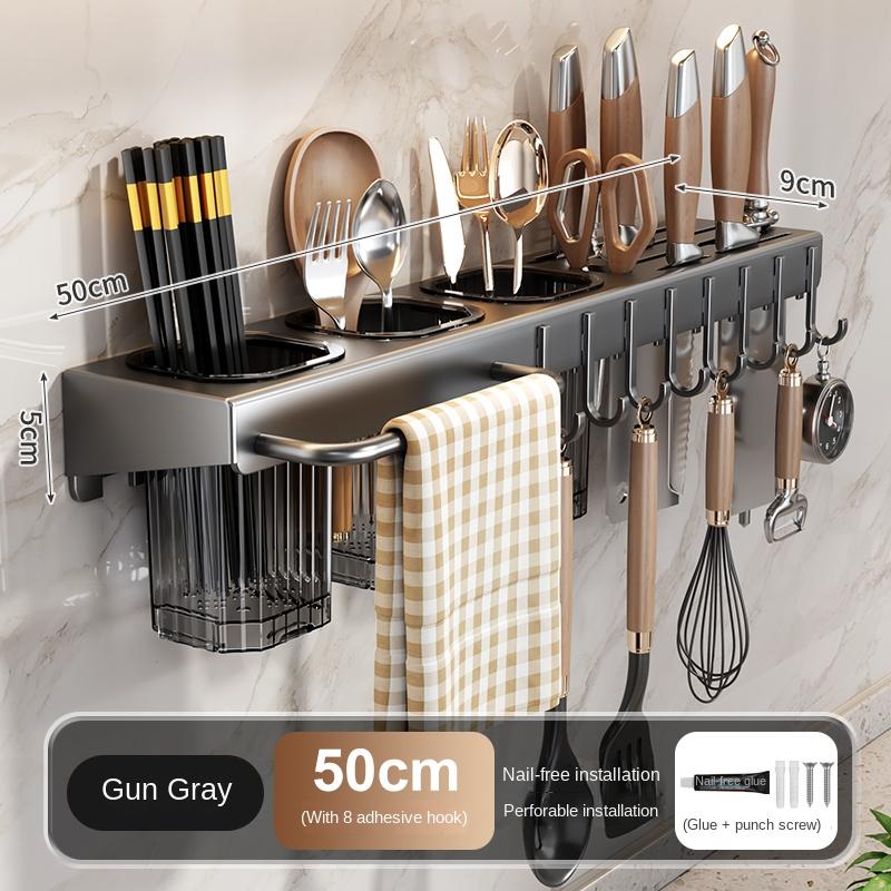 Wall-mounted knife rack for kitchen, multifunctional, no drilling required, knife and utensil holder, chopstick tube, integrated серый