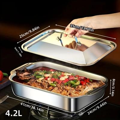 Juego de 4 Bandejas de Acero Inoxidable para Hornear con Tapas - 16''x9'' Molde Profundo para Pescado/Pasta/Asar en Horno y Apto para Lavavajillas Utensilios de Cocina 4.2L