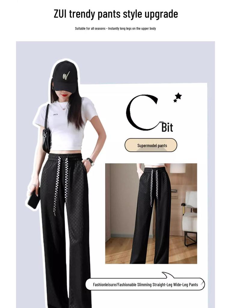 145 Petite Ice Silk Plaid Wide-Leg Pants for Women - Thin, High-Waist, Straight-Leg, Casual Fit for Spring and Autumn
