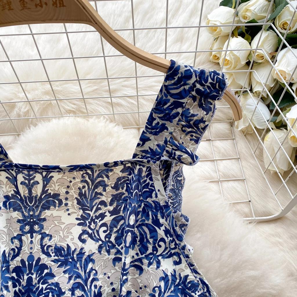 Korean Series Wear  Retro Print Vacation Skirts Sweet Flng Sleeves Sling Waist Hugging Slimming Short Dress