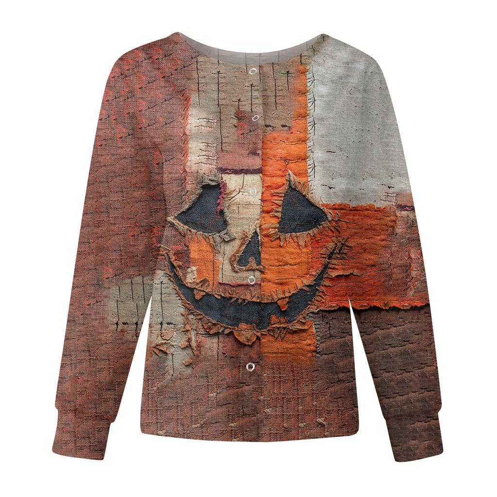 Women's Casual Fashion Long Sleeve Standing Collar Single Breasted Halloween Print Workwear Jacket Tops