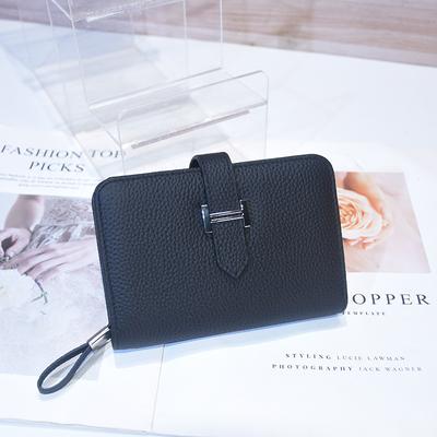 Women's Genuine Leather Cowhide Short Wallet High Quality Double Fold with Zipper First Layer Cowhide Hand Lychee Pattern Bag