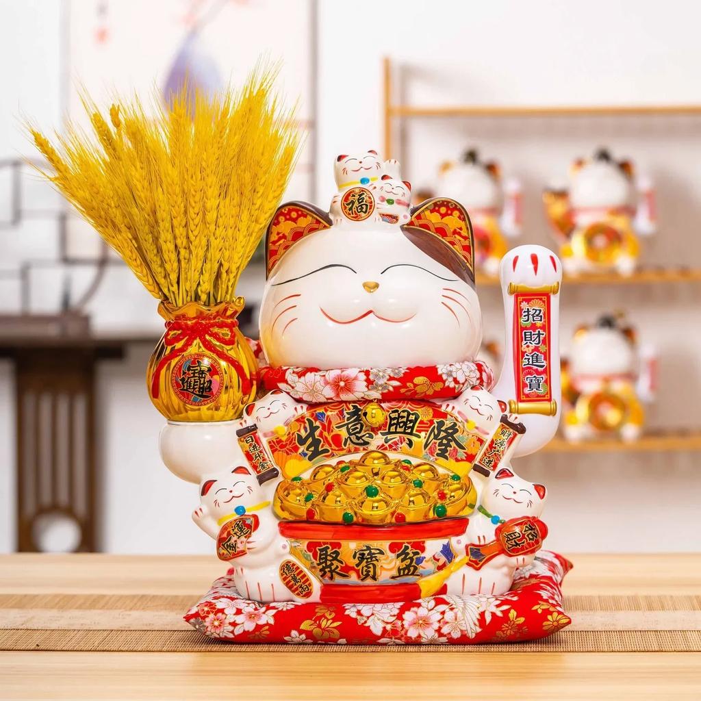 Ceramic Lucky Cat Maneki Neko Waving Hand Cat Battery Powered Fortune Statue Gift Accessories Kawaii Home Room Cat Decoration