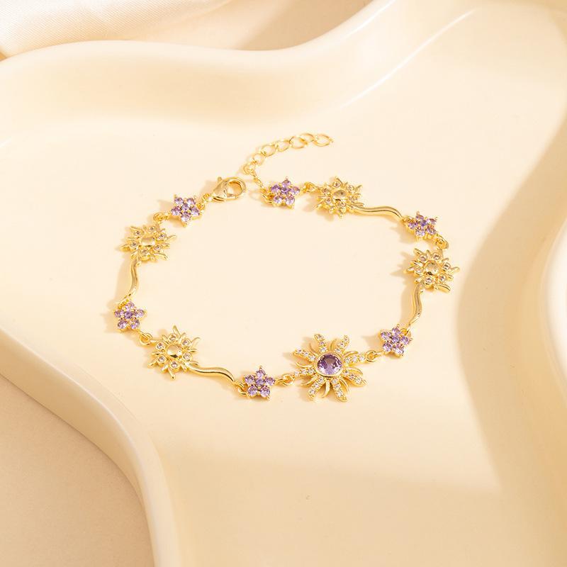 Luxury Sunflower Bracelet Exquisite Fashion Pink Cubic Zirconia Chain Crystal Sparkling Shiny Rhinestone Bangle Wedding