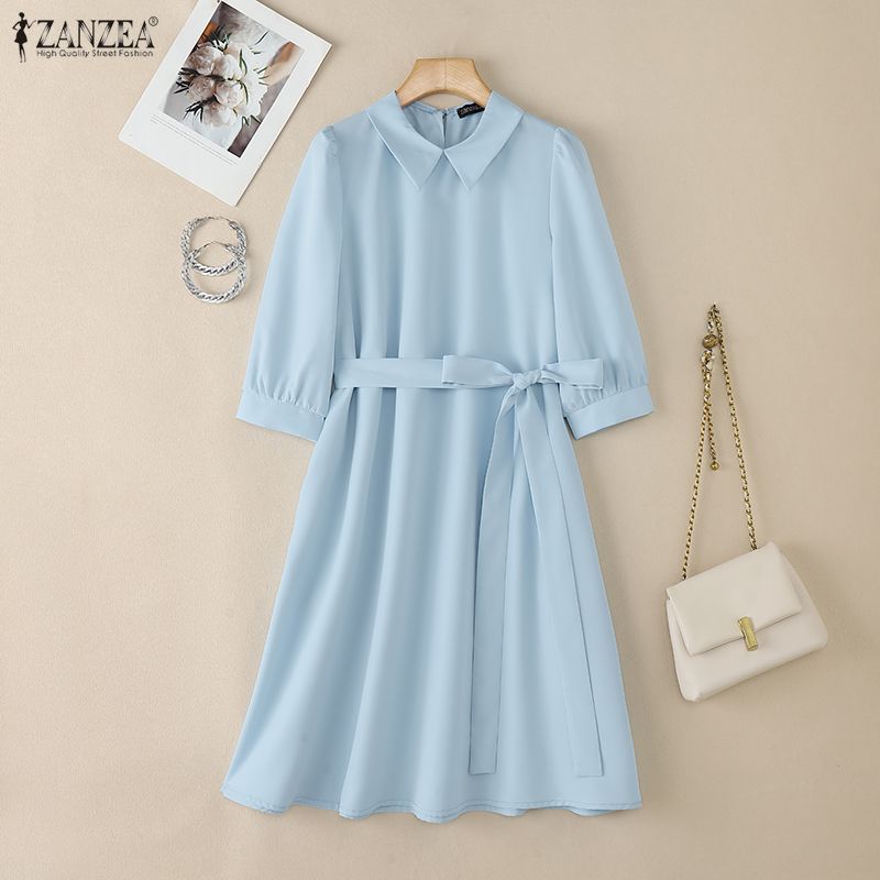 ZANZEA Women Casual Turn Down Collar Solid Color 3/4 Sleeve Loose Dress