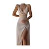 Womens Sleeveless V Neck Bodycon Dress Sexy Spaghetti Strap High Slit Ruched Midi Dress Cocktail Party Wedding Guest Dress