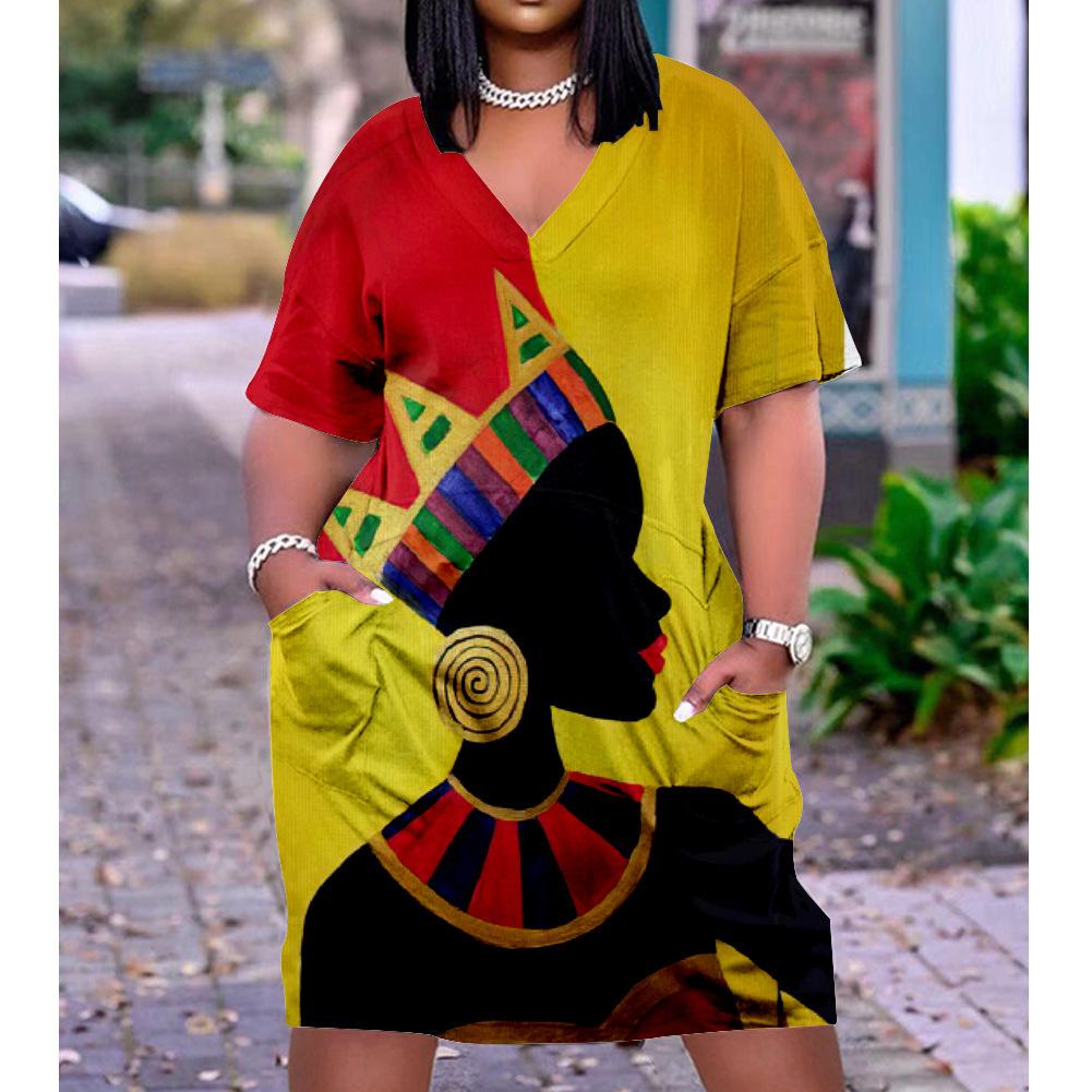 2026 digital printing cross-border temperament commuter skirt pullover V-neck dress