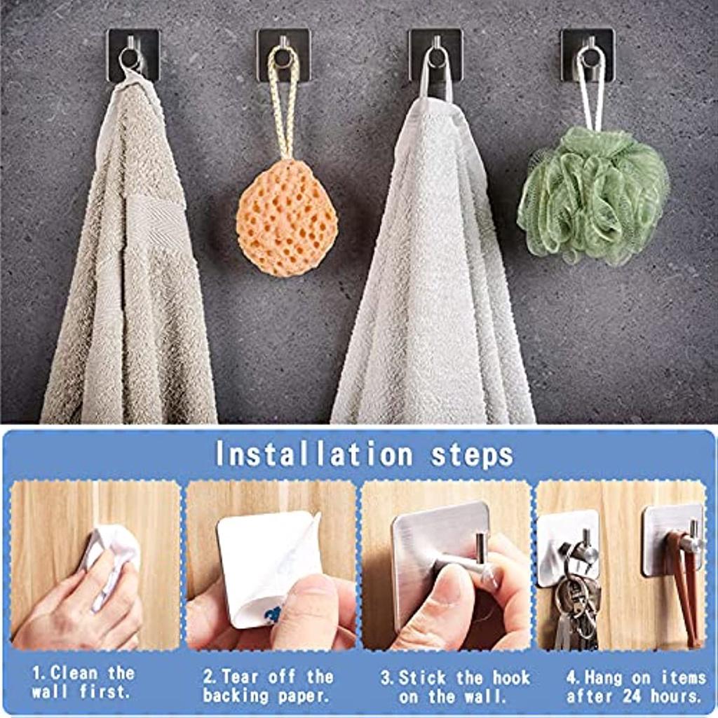 6 Stück Edelstahl-Wandaufkleber, Wandhandtuchhalter, Küchen-Badezimmerhaken, selbstklebende Aufhängung, 304 Edelstahl, Silber