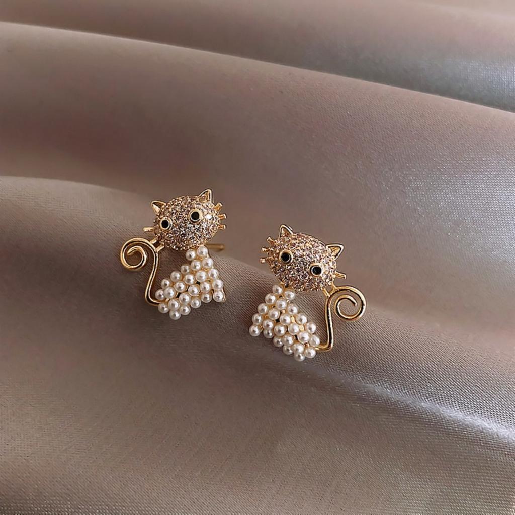 Temperament Rhinestone Imitation Pearl Cat Stud Earrings For Women Men Elegant Lovely Animal Kitten Earrings Fashion Jewelry