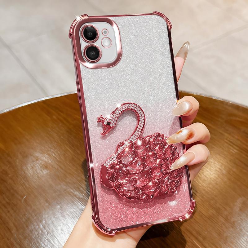 KEYSION Shockproof Plating Phone Case for iPhone 11 12 Pro Max Clear TPU Glitter Jewelled Swan kickstand Back Cover for iPhone 11