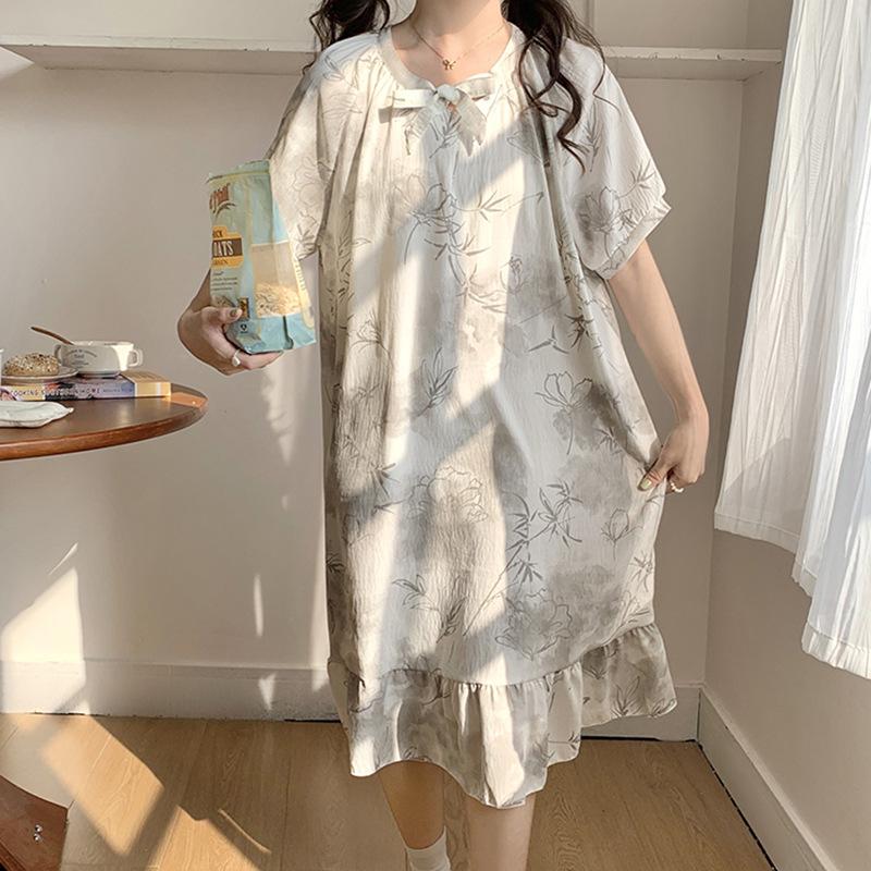 Sweet nightdress ladies cloud cotton summer loose short sleeve dress medium long princess style cute lace pajamas