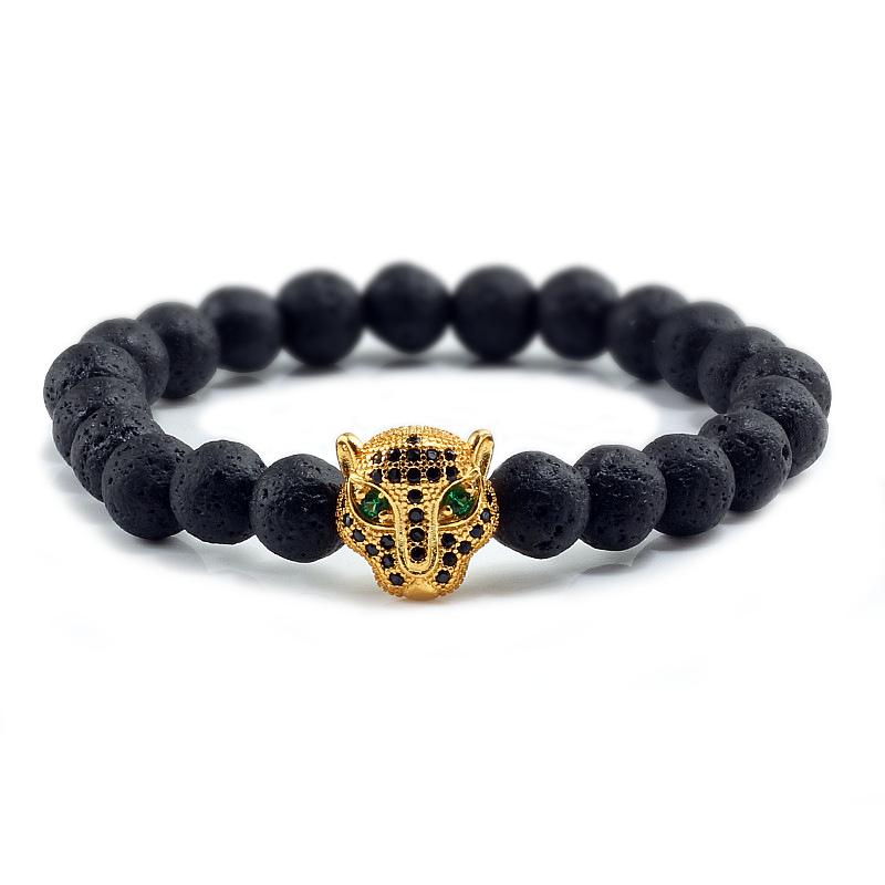 Volcanic Stone Beads Bracelet with Leopard Head and Diamond Circle - Trendy Elastic Hand Ornament