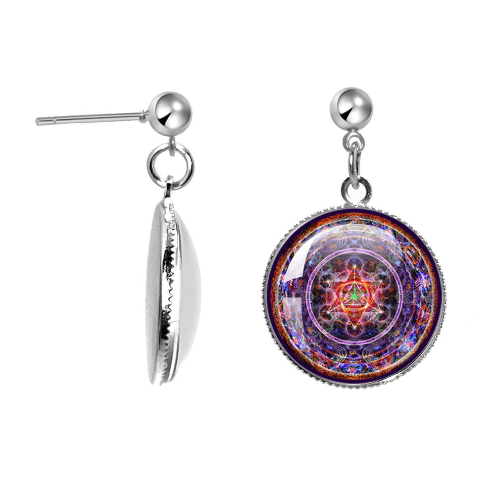 

Handmade Om Yaga Symbo Earrings Buddhism Mandala Glass Cabochon Glass Dome Sacred Geometric Figure Drop Earrings Gift For Friend