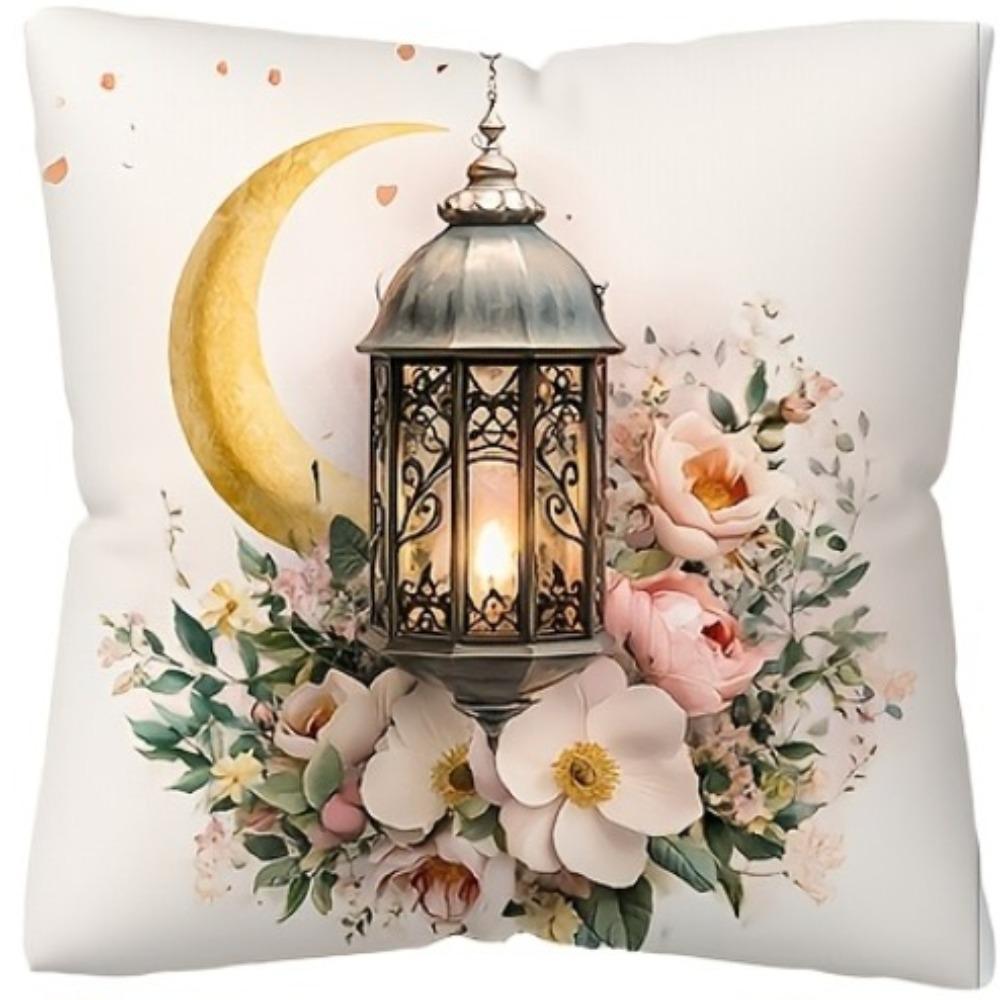 Ramadan Cushion Covers Lantern Floral Designs with Green Plants Printed Square Pillowcase Zipper Closure for Living Room Decor
