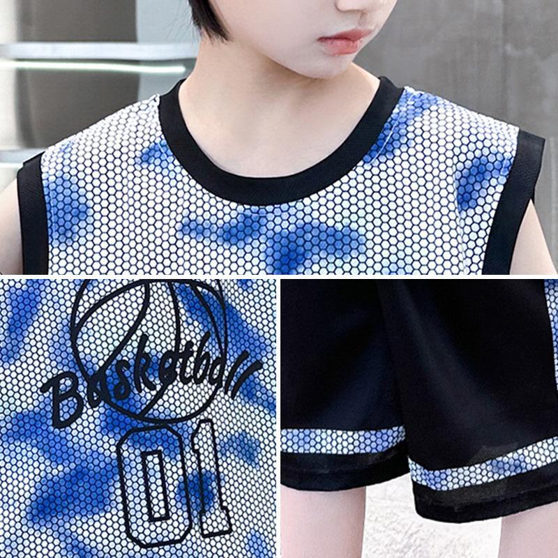 Boys Summer Quick Dry Basketball Vest Suit 5-14 Years Fashion Sleeveless T-shirt + Shorts 2-piece Kids Thin Sports Set