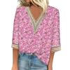 Skjortebluse for kvinner Uformelle løse skjorter 3/4-ermet blondekant med V-hals trykk Topper T-skjorter T-skjorte
