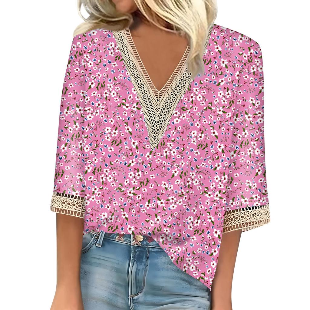 Women's Shirt Blouse Casual Loose Shirts 3/4 Sleeve Lace Trims Print V Neck Tops Print Tops T-shirts Tee
