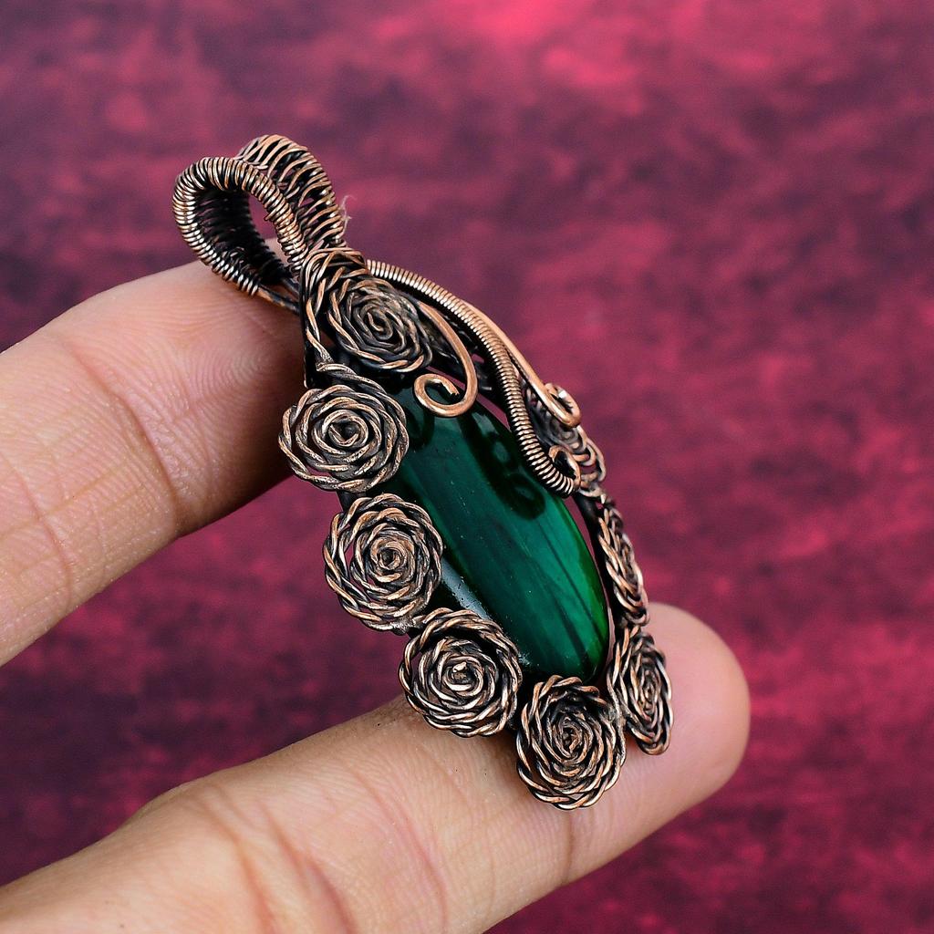 Green Fire Labradorite Pendant Flower Jewelry Copper Wire Wrap Gemstone Pendant