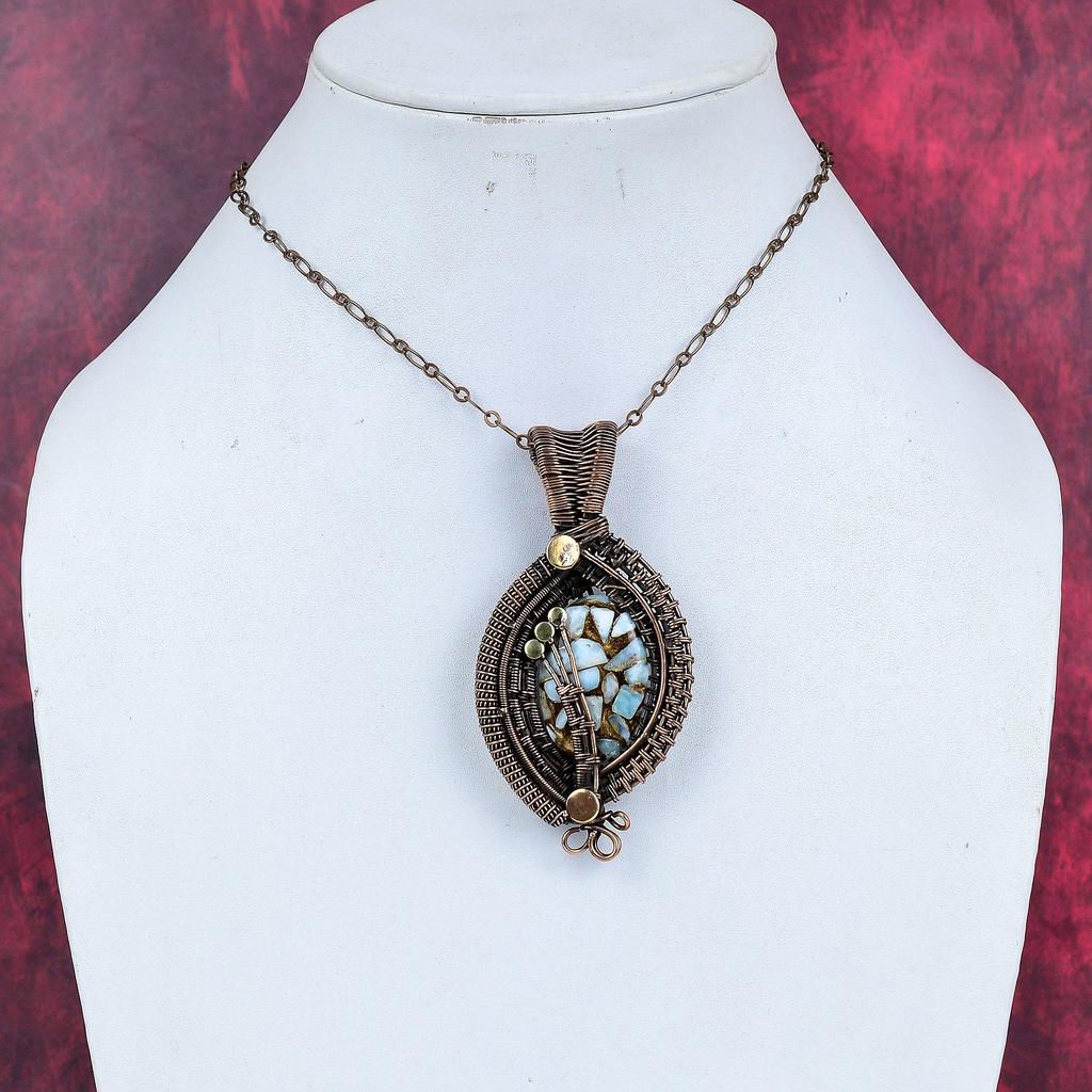 Copper larimar pendant copper wire wrapped gemstone jewelry handmade copper pendant gifts for women wire weaving pendants birthstone jewelry