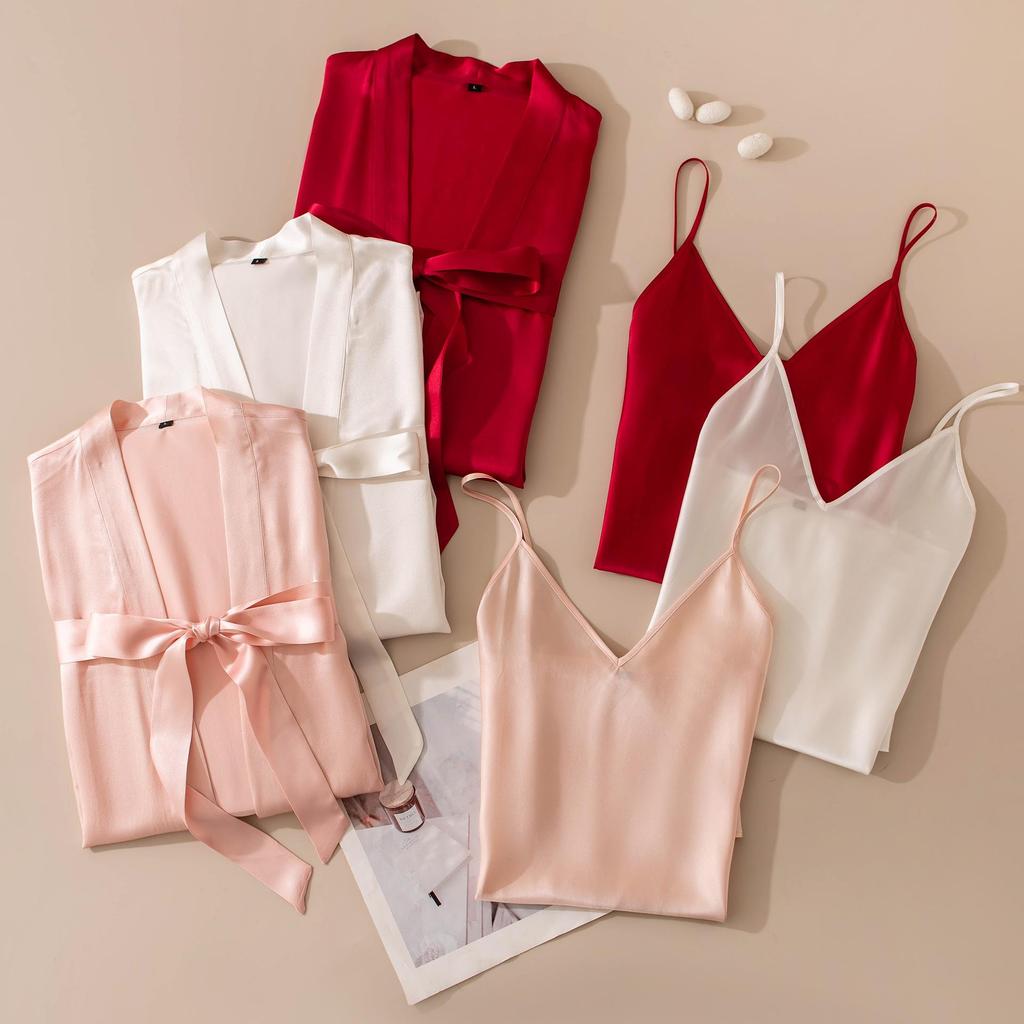 Elegant French Mulberry Silk Camisole & Robe Set for Wedding Morning