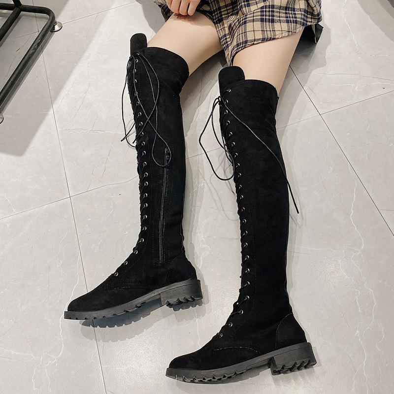 Women's Boots Lace Up Over The Knee Boots Sexy Low Heels Casual Long Boots Round Toe Thigh High Boot Suede Plus Size Women Shoes